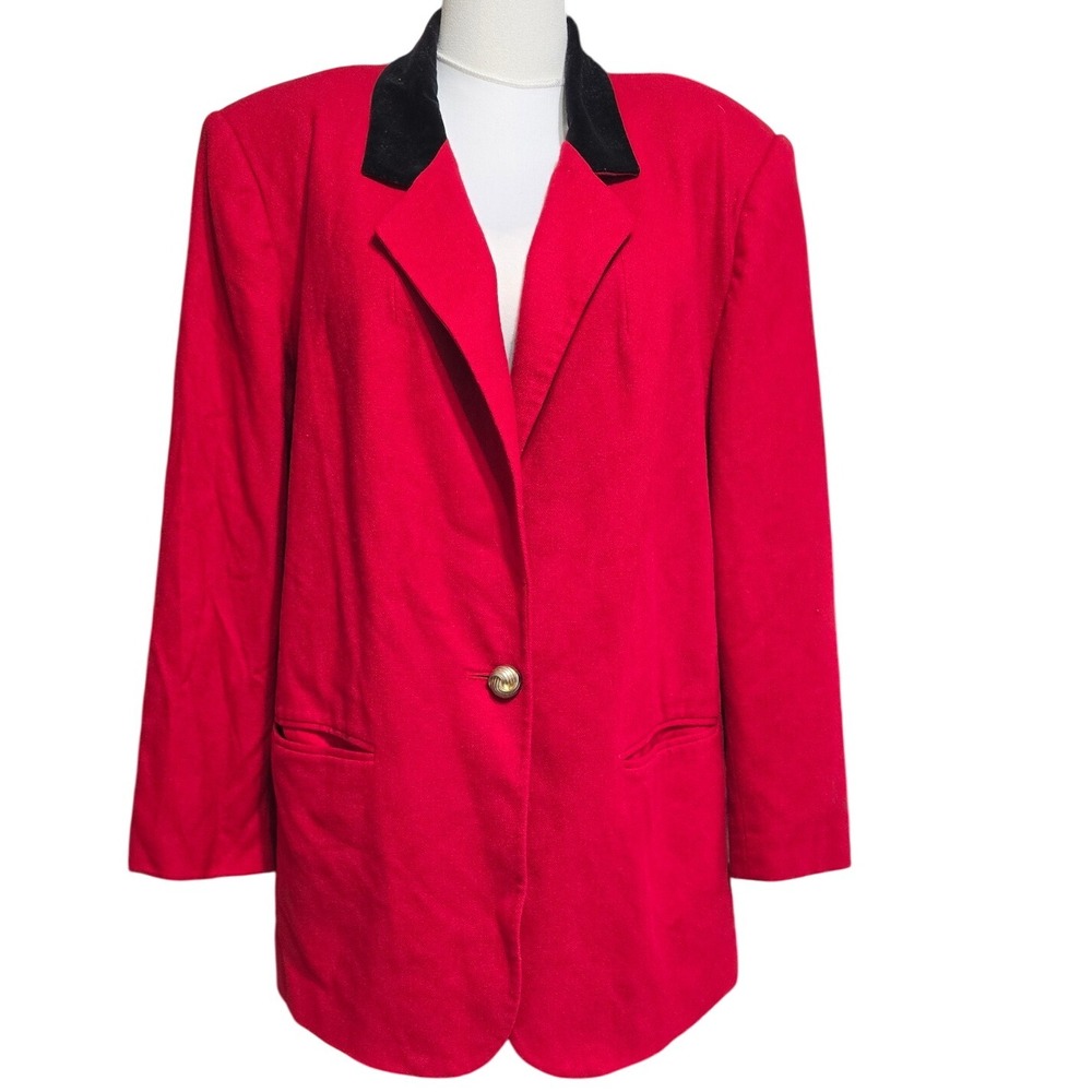 PLUS 16W VINTAGE SAG HARBOR‎ woman classic wool blazer shoulder red black lapel